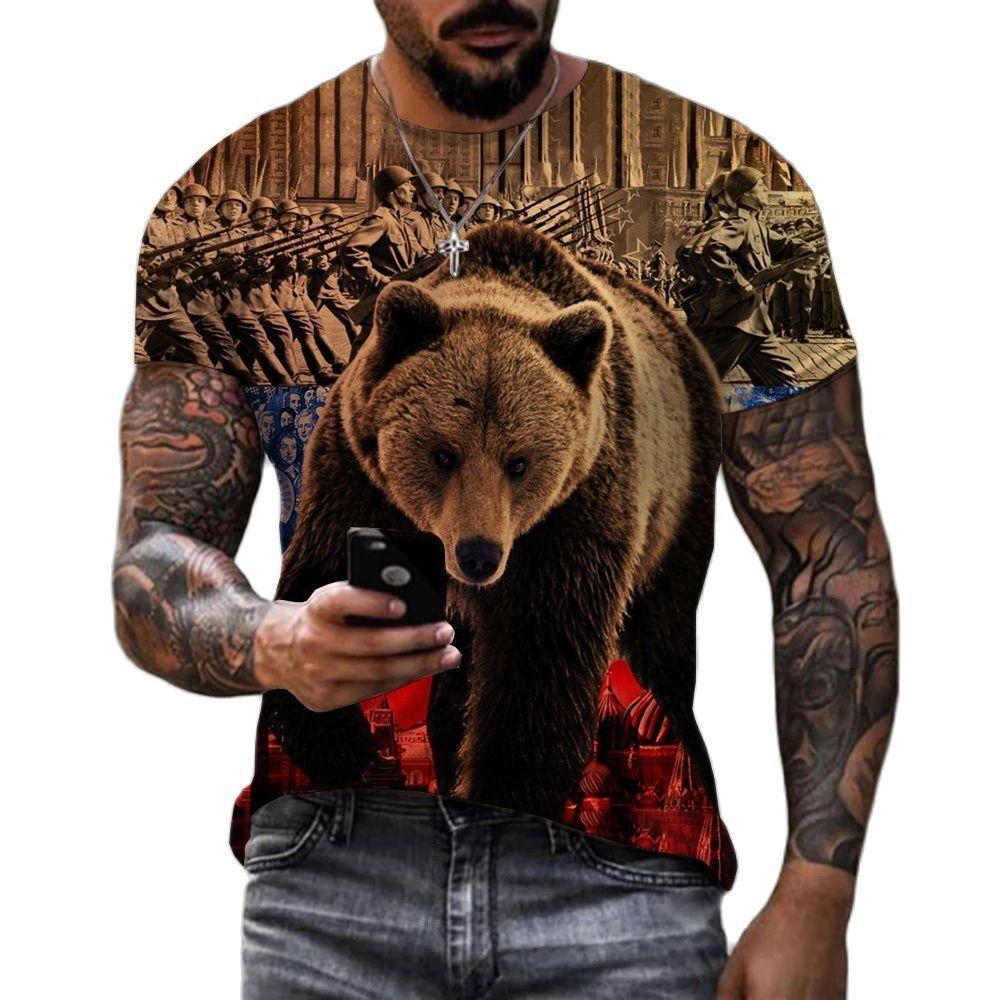 Summer Round Neck 3D Russian Bear Print Top Fashionable Casual Short Sleeved Men's T-shirts
