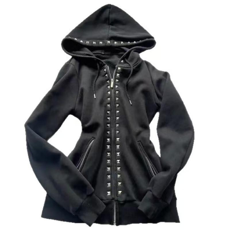 TrendHub Y2K Nová Emo Móda Zip s Nýty Mikina Dámská Harajuku Černá Oversized Mikina Gotická Retro Klasická Mikina Podzimní Oblečení