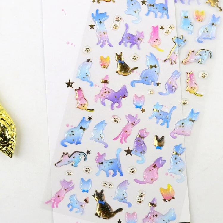 6Sheets Gold Foil Embossed Sticker Clear Cartoon PVC Resin Decorative Sticker for Journal Notebook Scrapbooking Supplies