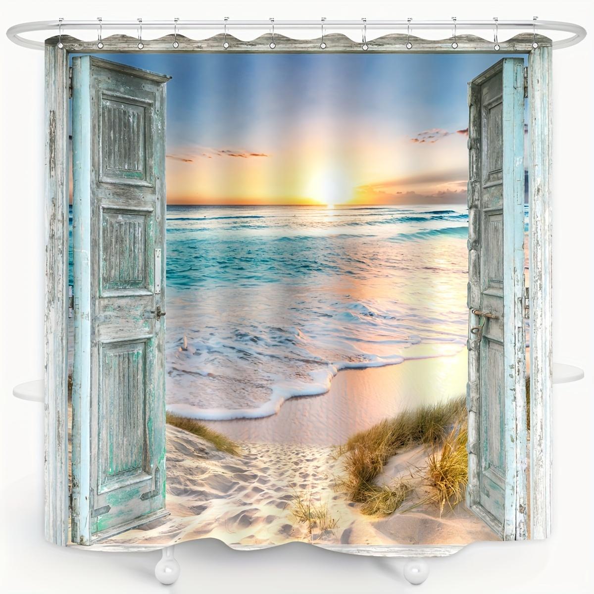 Tonnika Chen Blue Beach Coastal Shower Curtain - Ocean Sunrise Seascape, Teal Rustic Barn Door Design, Waterproof Polyester