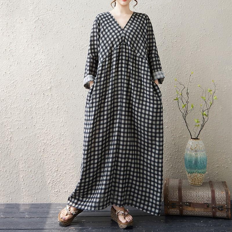 

Хлопковое винтажное платье большого размера с длинным рукавом, новинка, для женщин, повседневное свободное макси платье, весенне-осеннее