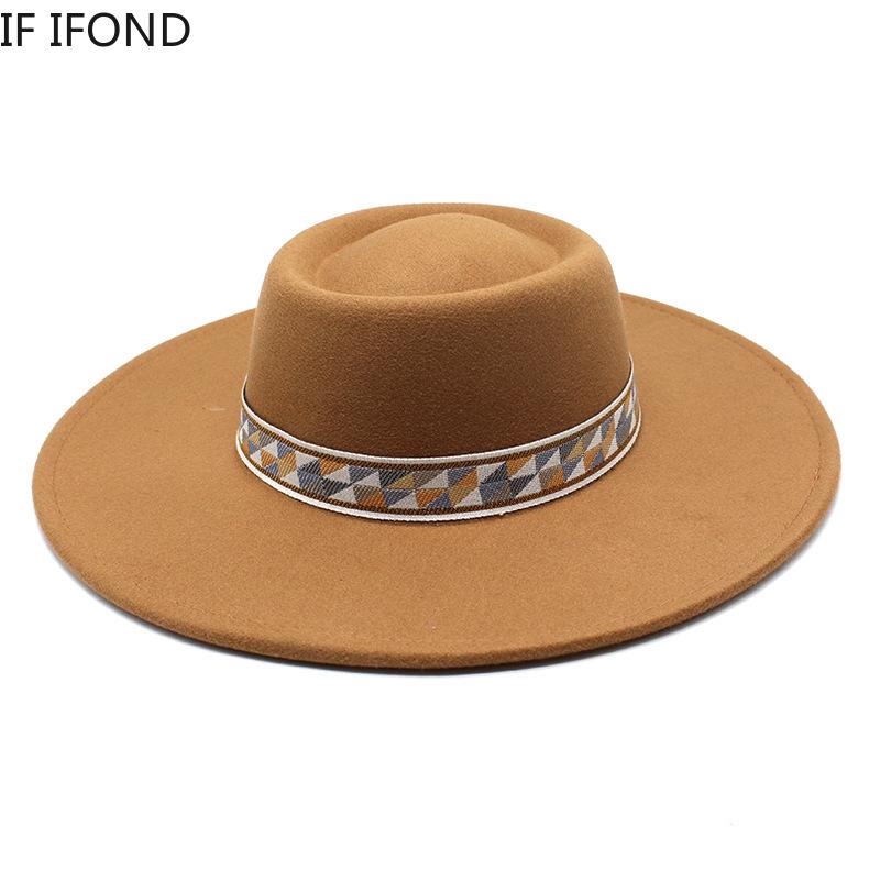Autumn Winter Wool Felt Fedoras Hat 9.5CM Wide Brim Jazz Hats For Women British Style Flat bowler Church Dress Hats