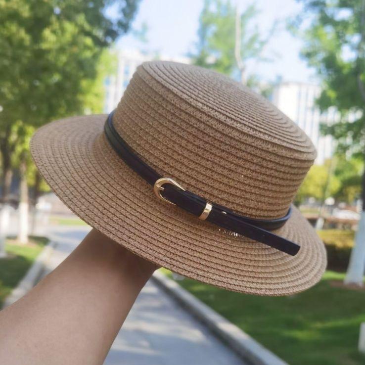 Flat-top straw hat women's straw top hat, new summer big-brimmed sun hat, seaside vacation sun hat