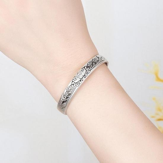 Women's Men Silver Lotus Vintage Calmness Cuff Bracelet Bangle Thai Jewellery
