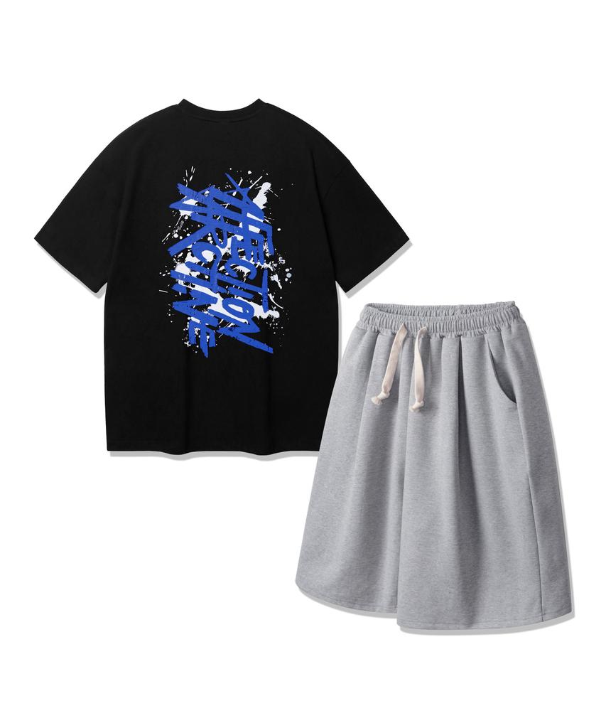 ALVINCLO [Set] Affection Short Sleeve T-Shirt & 3/4 Length One-Pleat Wide Training Pants Set