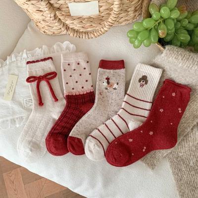 Damen Herbst Winter Mode Neujahr Weihnachten Schleife Rot Wolle in Röhrensocken