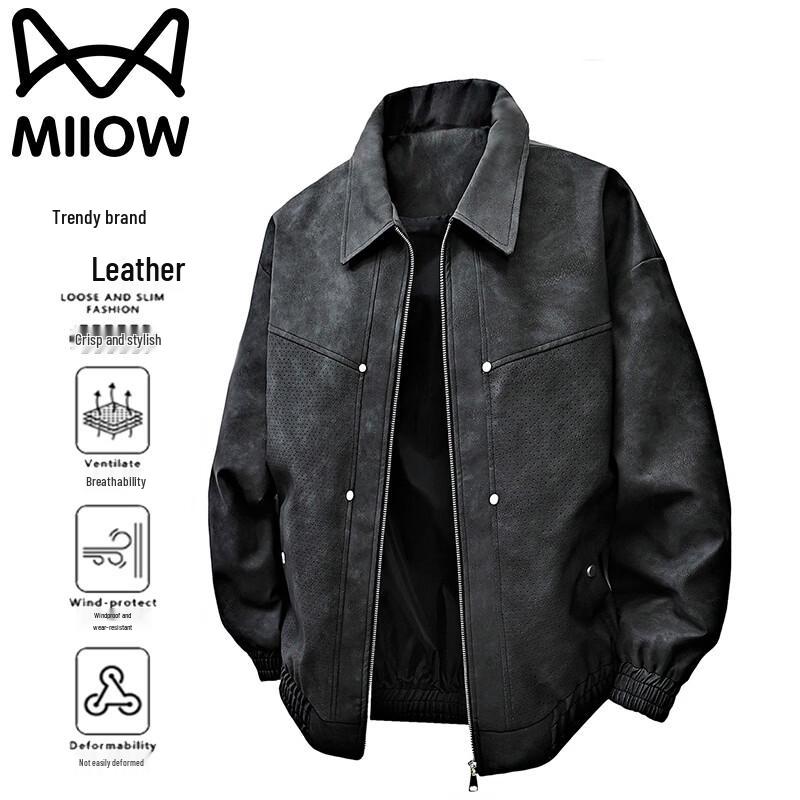 MiiOW Men's Casual Windproof Lapel Faux Leather Jacket
