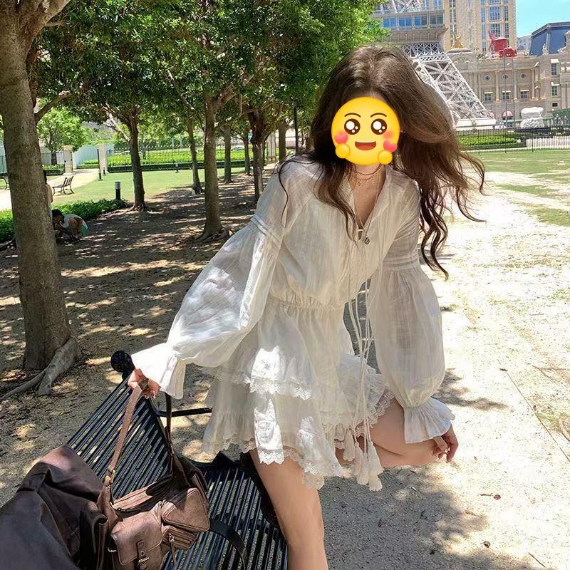 Super Fairy Waist Thin Long-sleeved Dress Women's Spring and Autumn Puffy Cake Skirt Temperament Sweet Little White Skirt