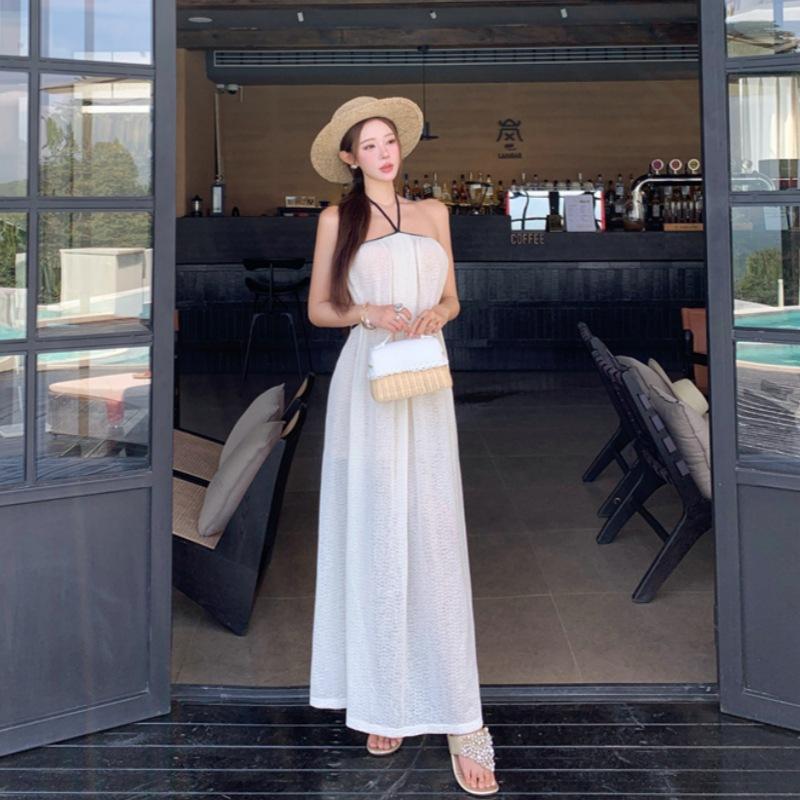 French gentle beige contrasting color neck dress women's summer hollow waist thin elegant holiday tube top dress