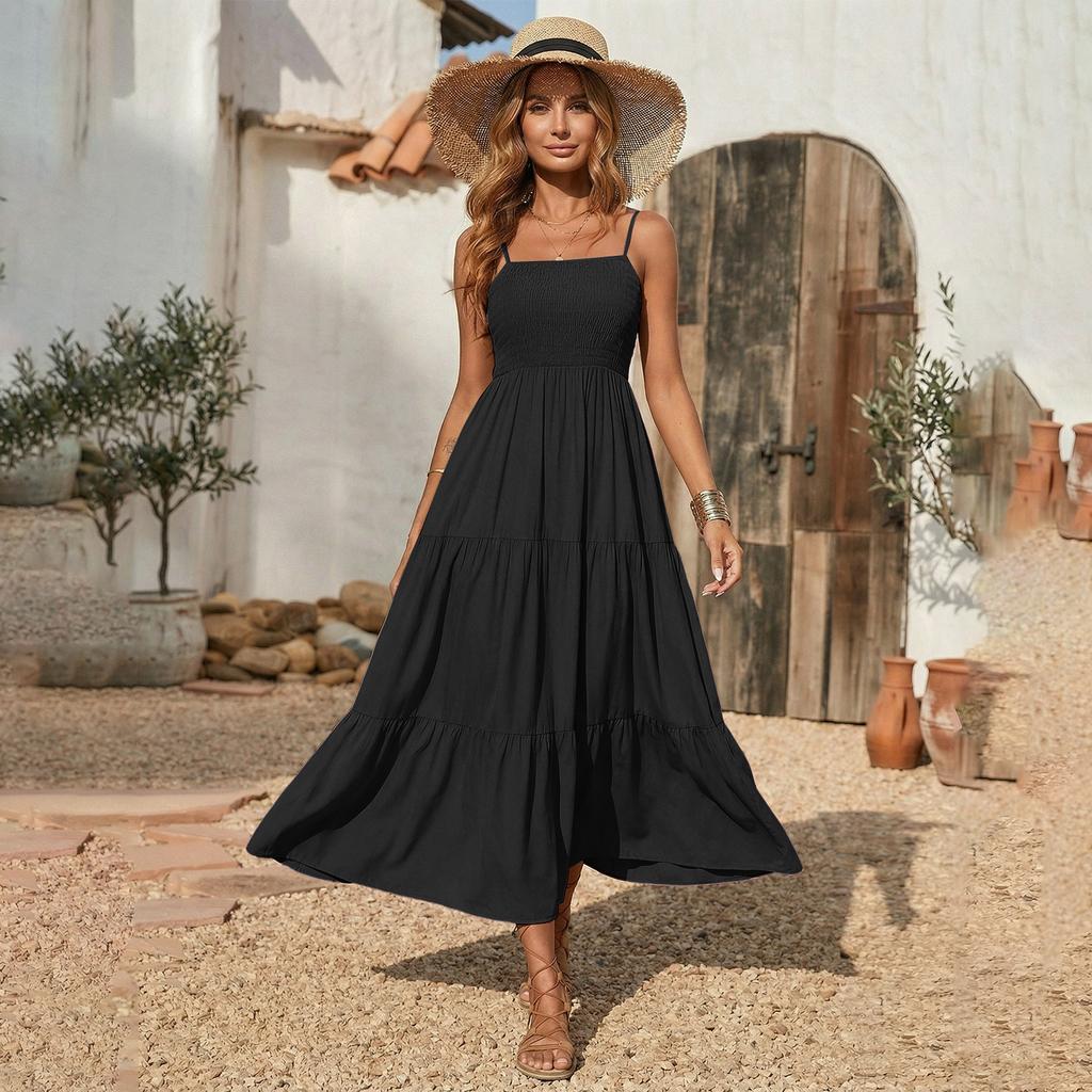 Fashionable Women's Casual Printed Tube Top Shoulder Strap Swing Dress