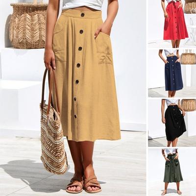 Women Midi Skirt Elastic High-Waisted Slimming Style Mid-calf Length Skirt with Pockets