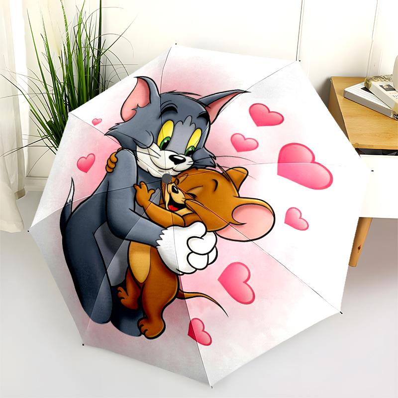 1pc Tom and Jerry pattern Umbrella Portable Folding Umbrella Iron Frame Hole Bone Structure Outdoor Home Umbrella