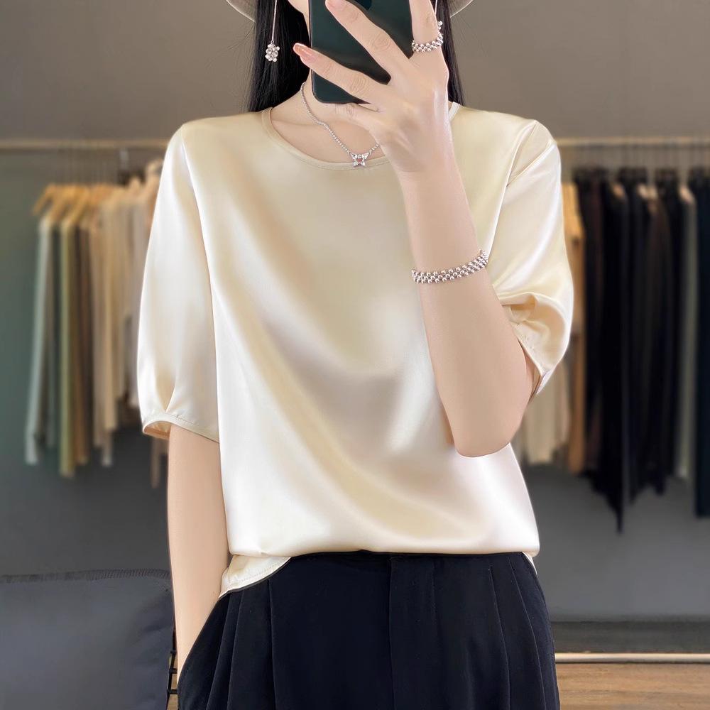 Satin Round Neck Half-Sleeve Loose T-Shirt for Women