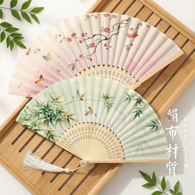 Chinese-Style Folding Fan for Children, Summer Portable Fan with Tassels, Traditional Silk Cloth, Women's Hanfu Dance Small Bamboo Fan
