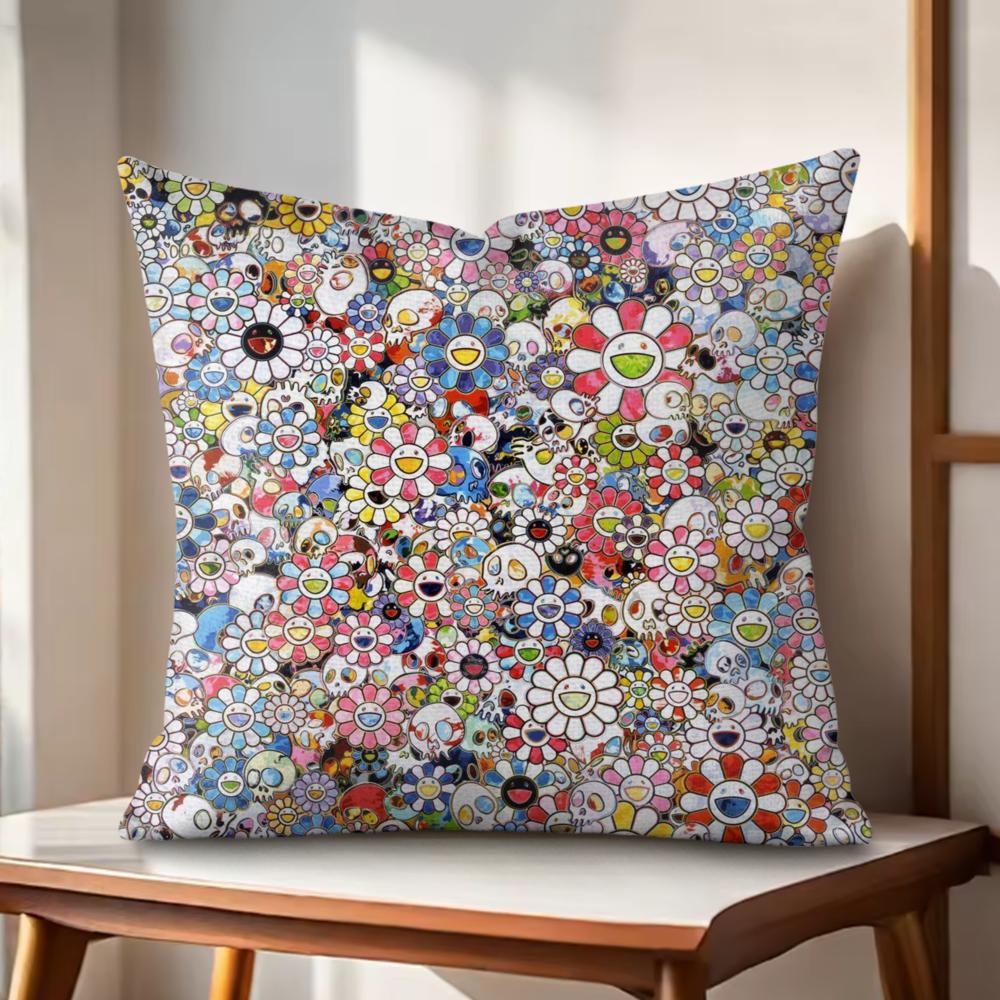 Art Sunflower MMurakamiTakashi Cushion Cover Natural Linen Organic Fabric DoubleSided Printing Couch Pillow Covers Home Decor