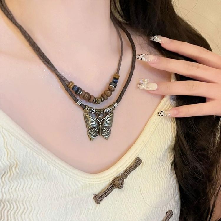 Bohemian Butterfly Pendant Choker Multilayer Pull String Handwoven Necklace Adjustable Length Clavicle Chain Jewelry