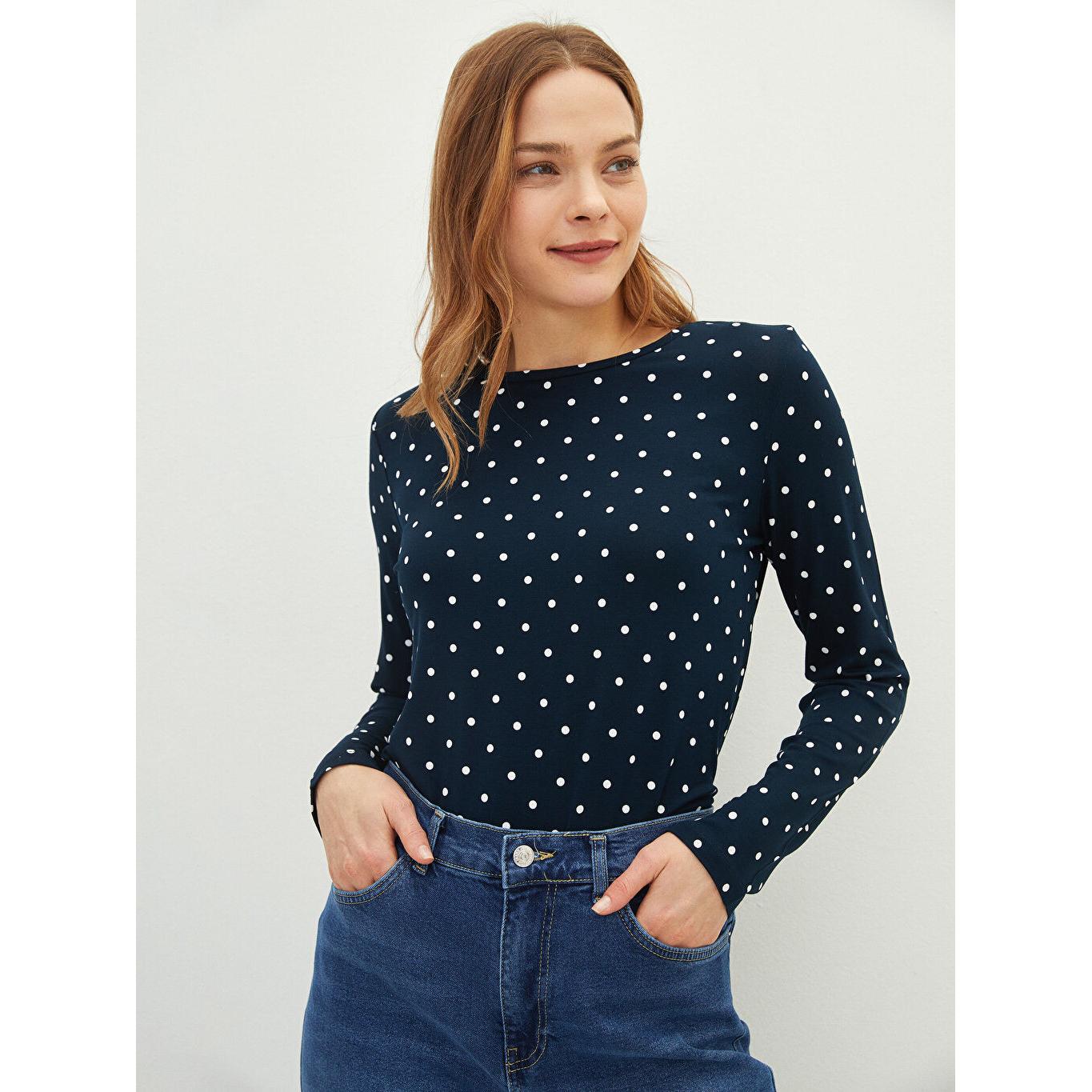 

LCW BASIC Женская футболка с круглым вырезом в горошек и длинными рукавами темно-синяя