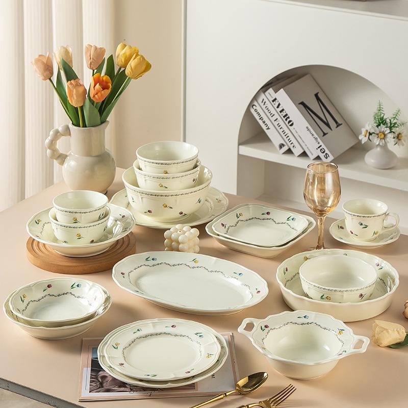 Victoria High-Value Tableware, Small Flowers, Fresh Ceramic Bowls, Household Plates, Large-Capacity Soup Bowls, Binaural Bowls