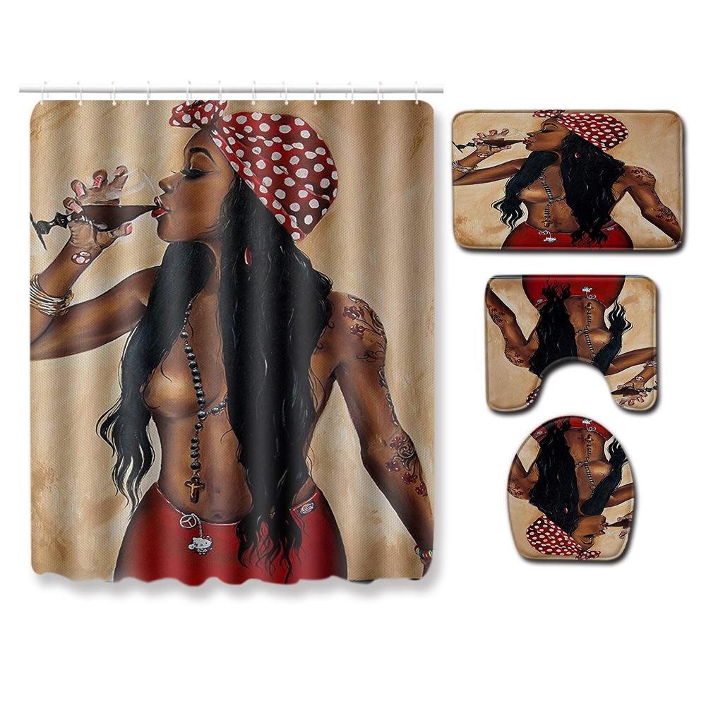 Printed Woman'S Head Pattern Bathroom Floor Mat Shower Curtain Carpet Combination E-Commerce