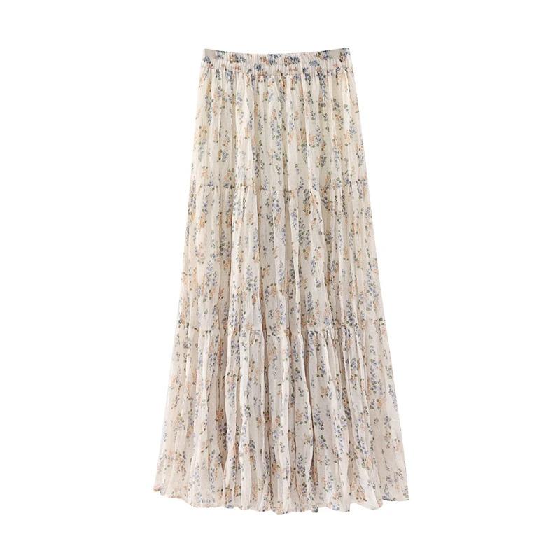 

Spring Women s Floral Maxi Skirt High Waist Tiered Ruffle Long Skirt S абрикосовый