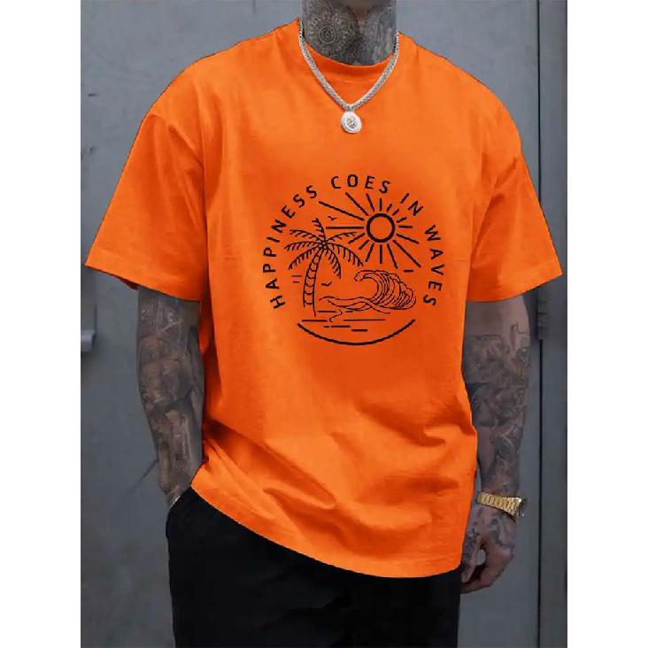 Man Oversize Tee Sunset Letter Printed O-neck Casual T-shirt for Men