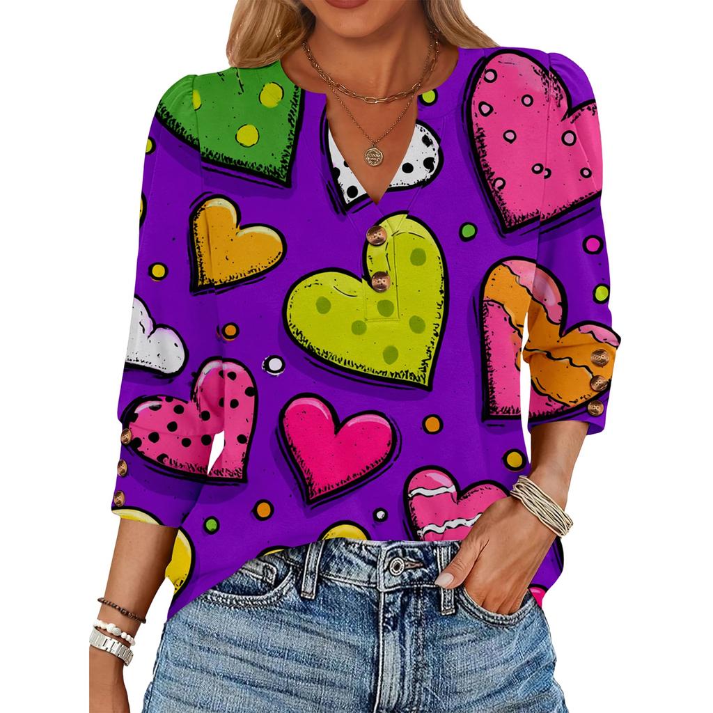 Women's Loose 7-inch Sleeve Top with Heart Print