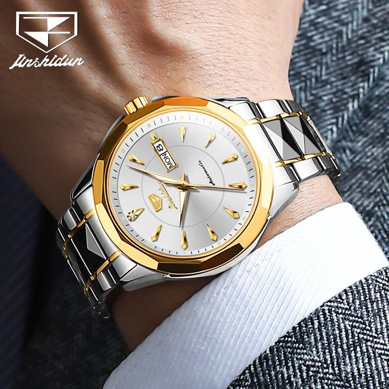 JINSHIDUN New Business and Leisure Men's Watch Automatic Mechanical Watch Tungsten Steel Double Calendar Luminous Waterproof High-end Watch