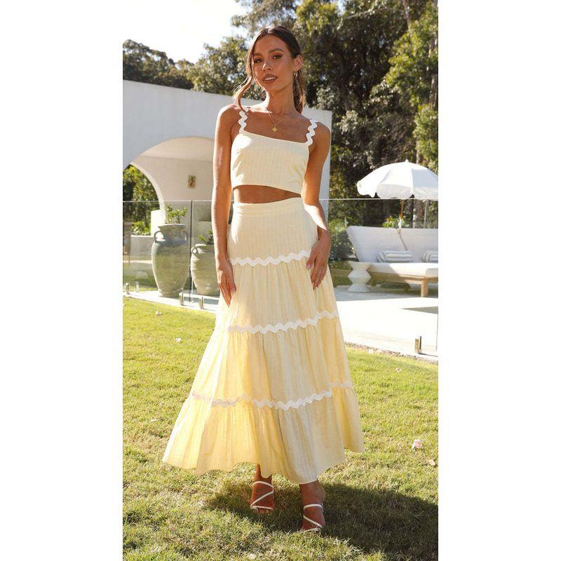 

and America Cross Border 2024 Summer Independent Station New Arrival Women s Clothing Dual-Color Patchwork Sling Tops Patchwork Long Dress Two Pieces Light yellow S