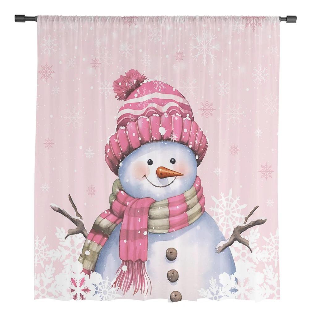 Christmas Winter Snowflake Snowman Pink Sheer Curtains for Living Room Decoration Window Curtains Kitchen Tulle Voile Curtains