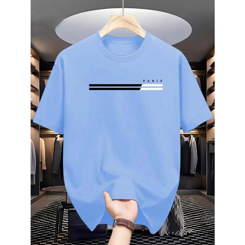 Men's Summer Loose Size PARIS Letter Graphic Printed Slim Fit Casual Sports Round Neck Short Sleeved T-shirt Top