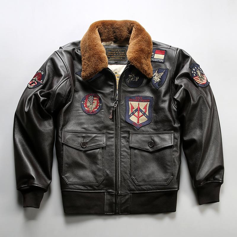 TOP GUN American G Leather Flying Jacket Men's Lamb Collar Lapel Top Sheepskin Men's Leather Jacket