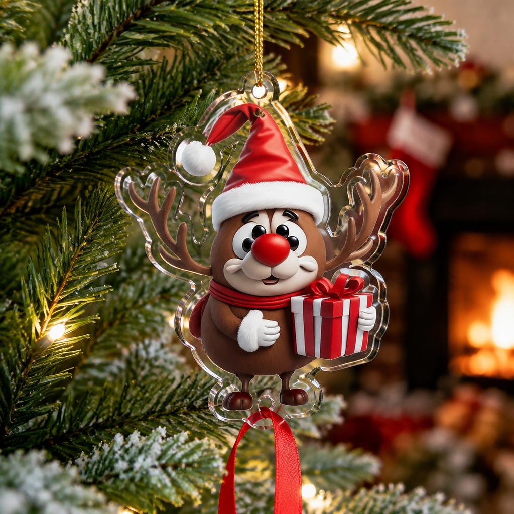 1/10 Stück Weihnachtsbaum-Anhänger Niedlicher Cartoon-Rentier Mit Weihnachtsmannmütze Design Hänger 2D Acryl-Anhänger Partyzubehör 2026