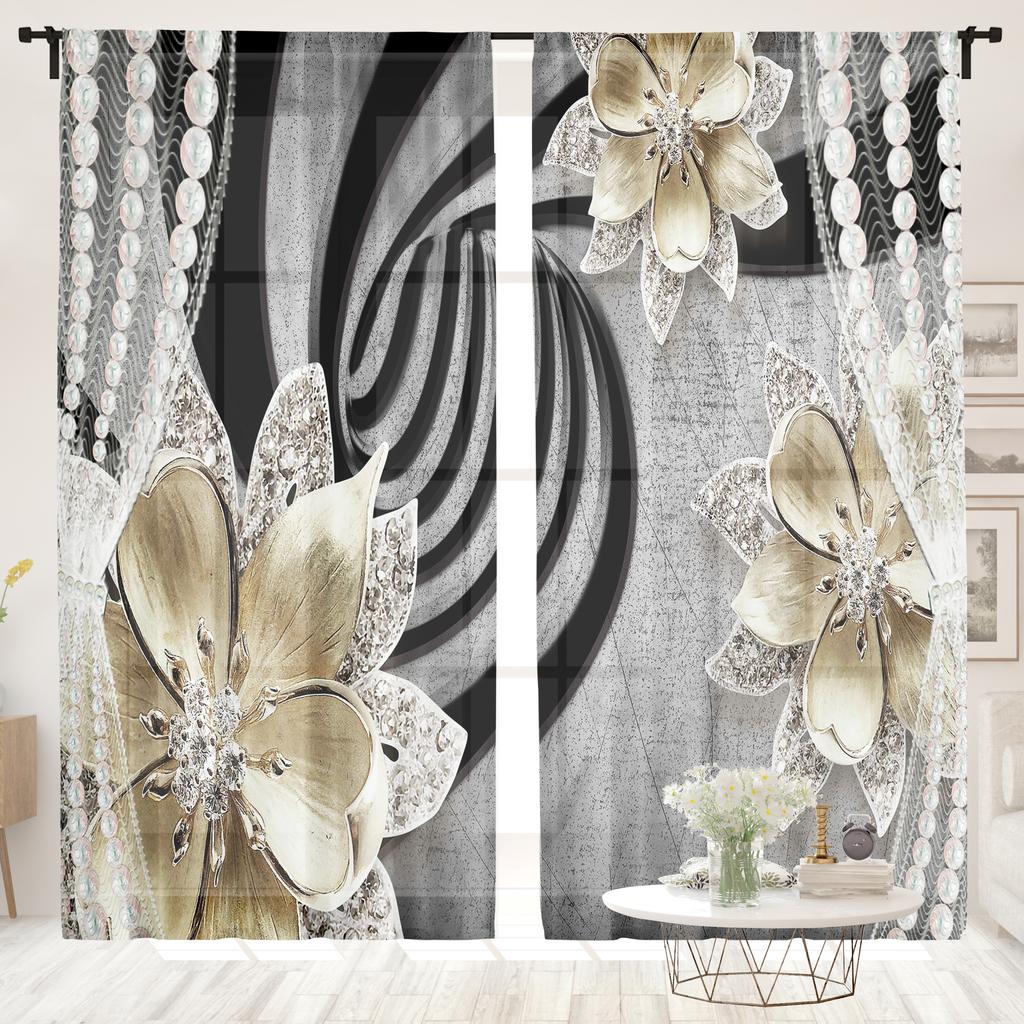 2 Stück, elegante Vorhänge mit Perlenhintergrund und Blumenmuster - 30% Verdunkelung - geeignet für Wohnzimmer, Küche und Heimdekoration