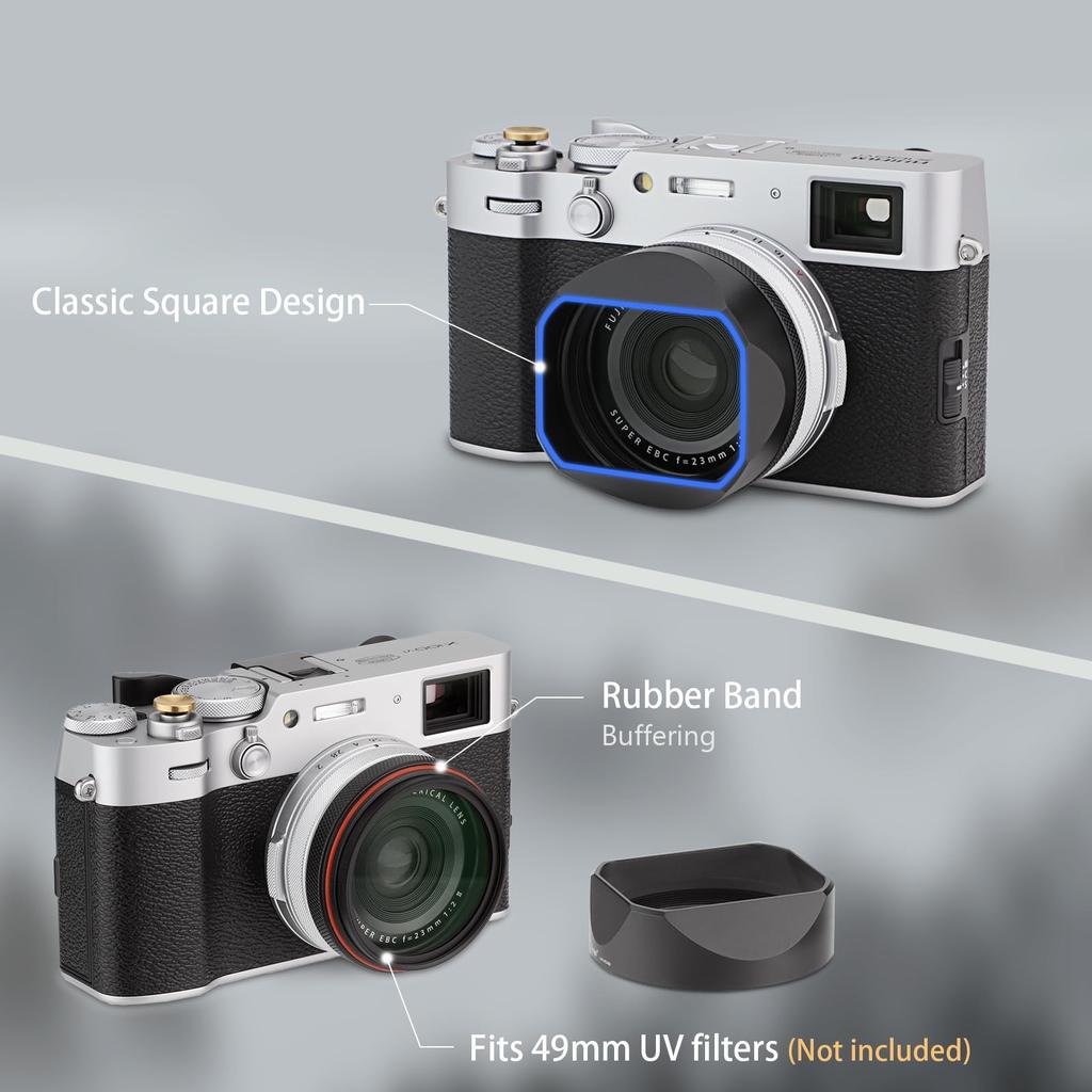 Haoge LH-X54B Square Metal Lens Hood with 49mm Adapter Ring for Fujifilm X100VI Camera, Black