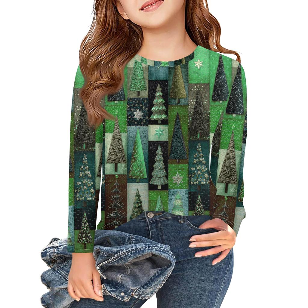 Christmas Day Girls Long Sleeve T Shirts Kids Fall Tops Crewneck Printed Basic Tees