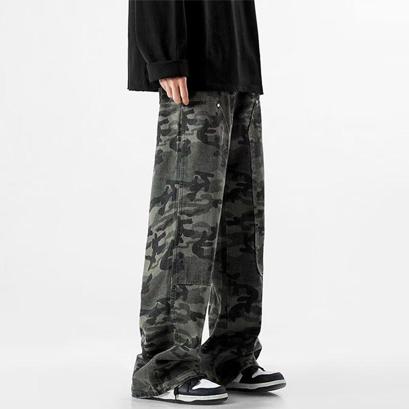 JYL Unisex Camo Jeans American  Hiphop Straight Slim Cargo Denim Trousers