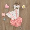 Infant Girls Layette, Pink Heart Pattern Fake Two Pieces Romper and Bow Knot Headdress