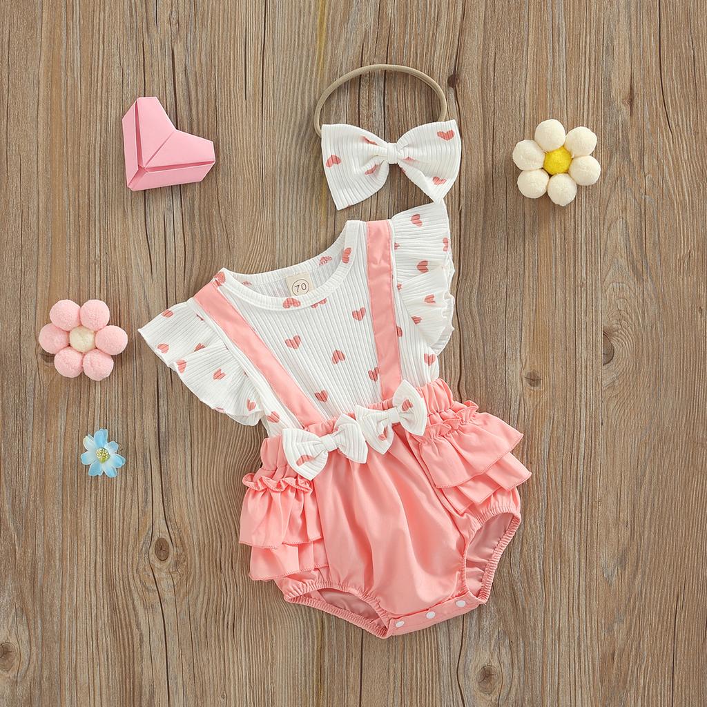 Infant Girls Layette, Pink Heart Pattern Fake Two Pieces Romper and Bow Knot Headdress