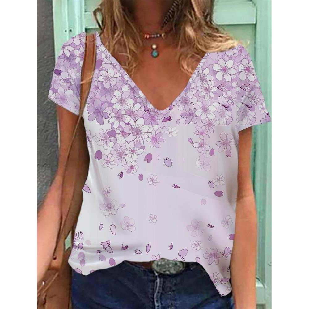 Women's T-shirts Summer Gradient Graphics Tops V Neck Fashion Female Vintage Clothing Floral Print