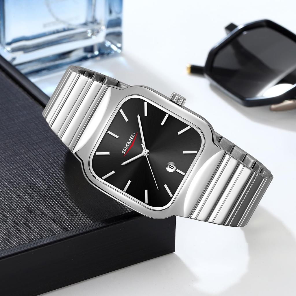 Nye firkantede herreklokker Mote Kalender Kvartsverk Rustfritt stålreim Vanntett Kvartsklokke