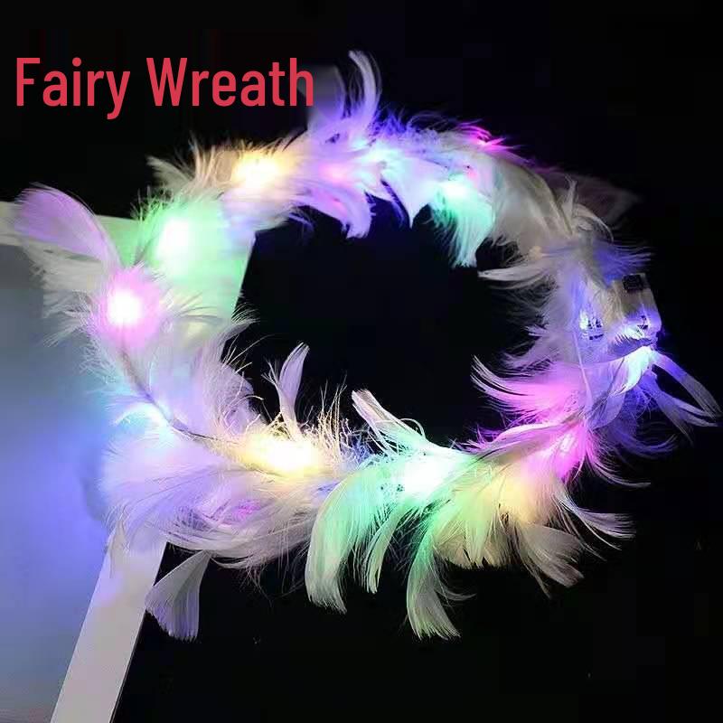 LED Light-Up Princess Headband: Colorful Feather Rabbit Ears with Glittering Gold Wire Garland