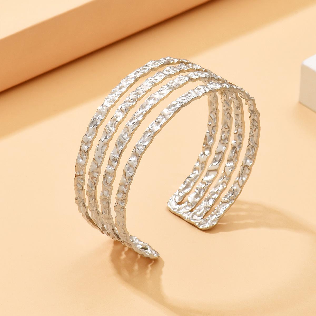 Adjustable Four-Layer Hammered Texture Open Bangle Stainless Steel Bracelet