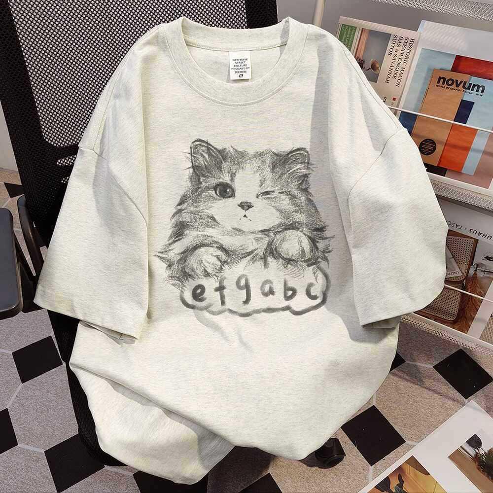 Unisex American Retro Cat Print Plus Size Short Sleeve T-Shirt - Trendy Loose Fit for Couples