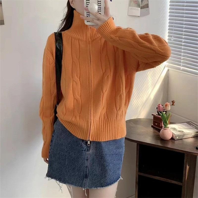 Vintage turtleneck twist sweater cardigan jacket women's autumn and winter design sense double zipper short knitted top thick