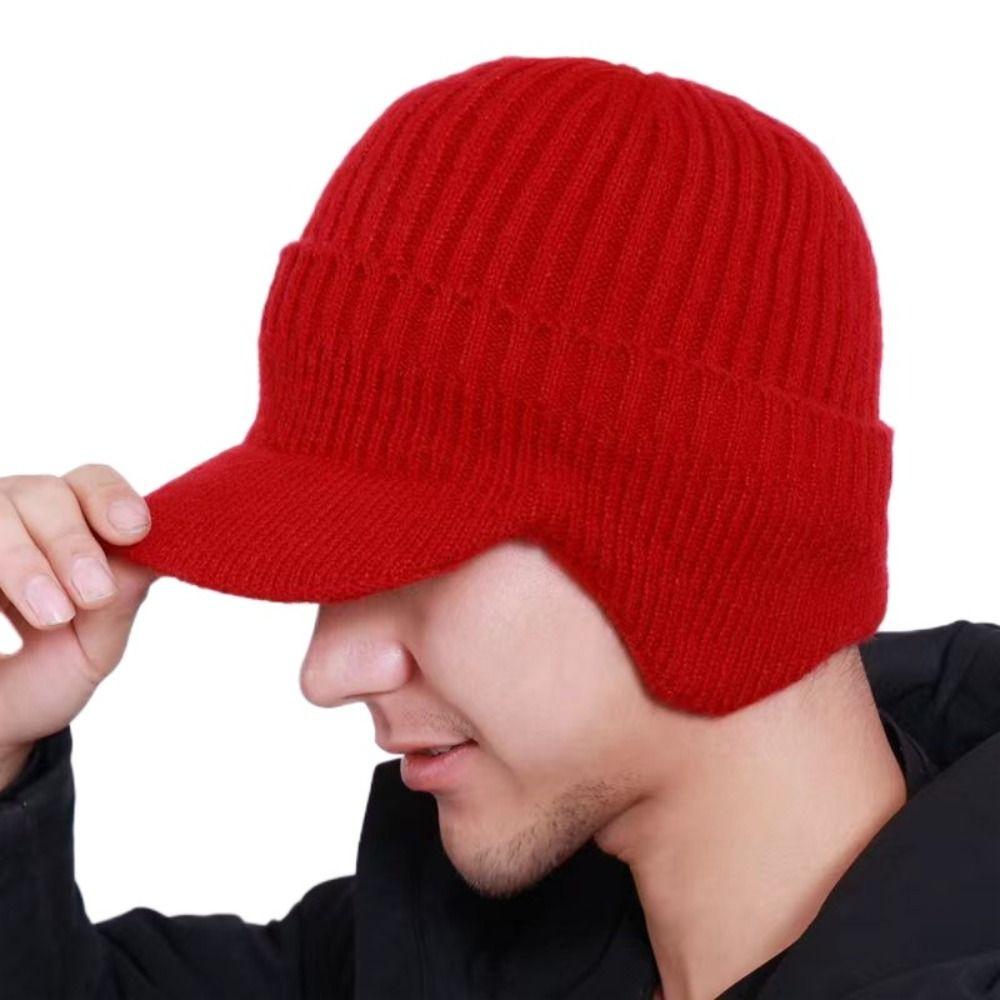 Short Brim Ear Protection Men Knitted Cap Winter Warm Cycling Beanies Hat Outdoor Ski Ear Muff Hat красный