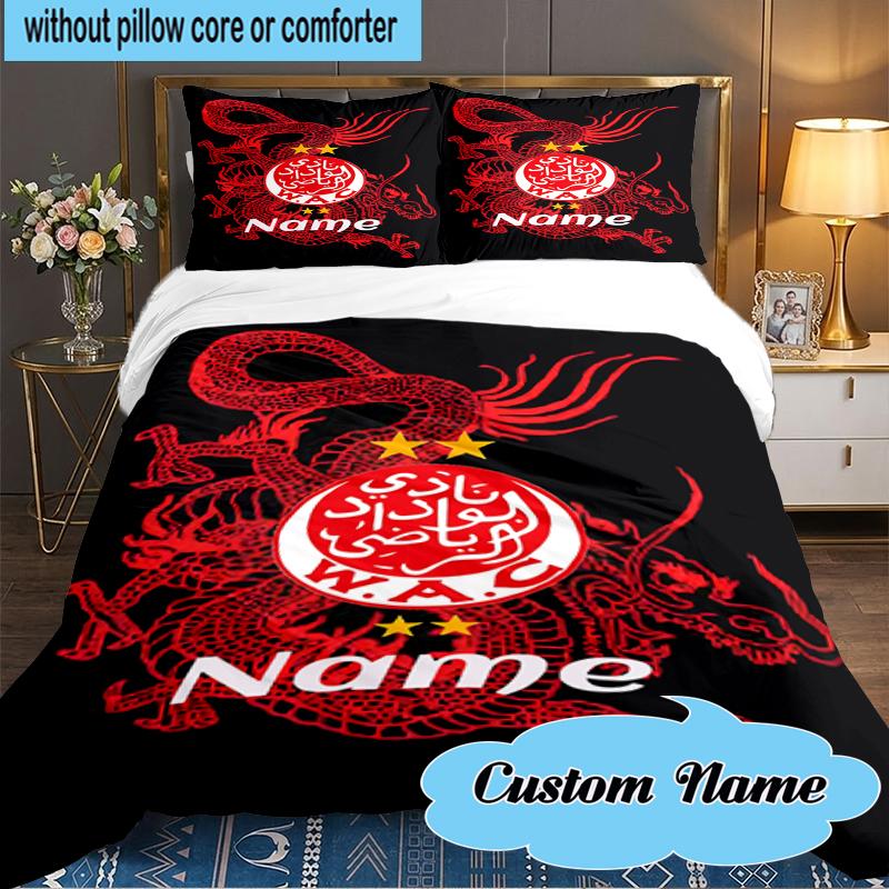Custom Name Wydad Football Club Crest Bedding Set 3pcs, Bedding Set Including 1pc Duvet Cover And 2pcs Pillowcases for Bedroom, Dormitory Gift