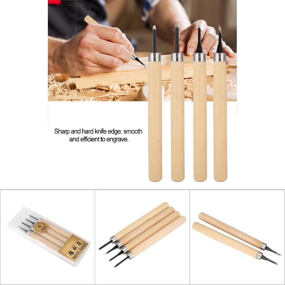 4PCS Steel Wood Carving Knife Small Flat Manual Sharpener Carving Tools Set Diagonal Round Triangle Graver Woodworking Knife