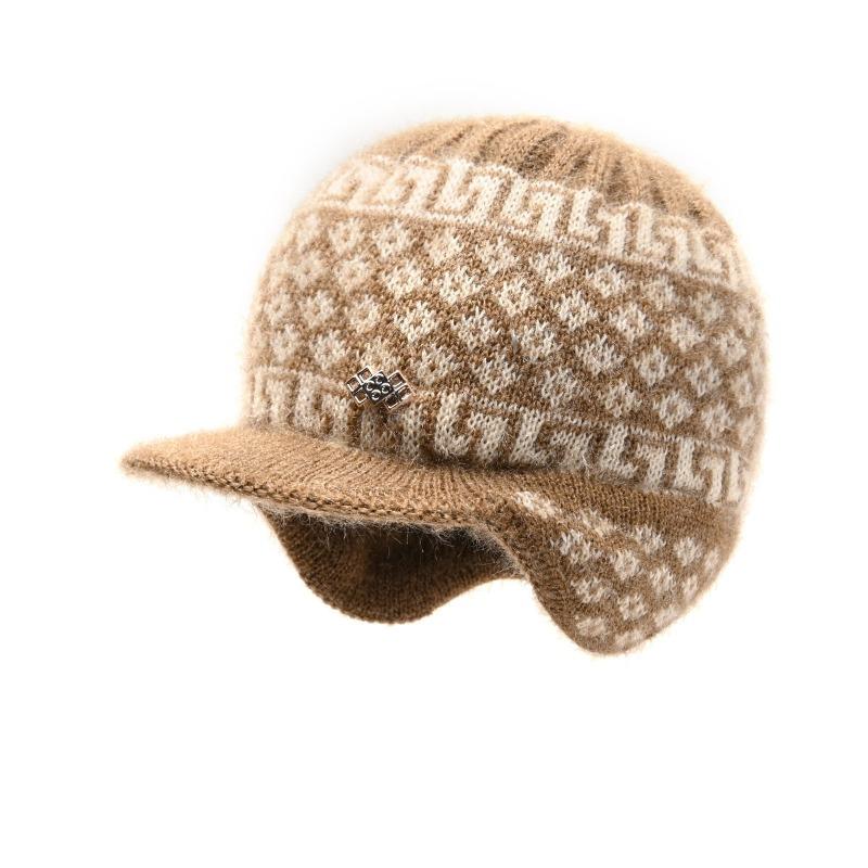 Hat Women's Autumn and Winter Knitted Hat Outdoor Cold-proof Large Brim Plush Warm Wool Hat Ear Protector