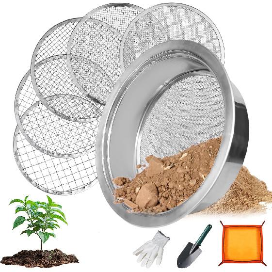 Soil Sifter for Rocks Stainless Steel Compost Sifter with 5 Replaceable Mesh, Dirt Sifter for Gardening Soil Weed Sand Cat Litter Bonsai with
