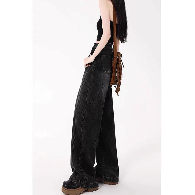 Plus Size Retro Black High-Waist Jeans for Women - Slimming, Wide-Leg, Floor-Length